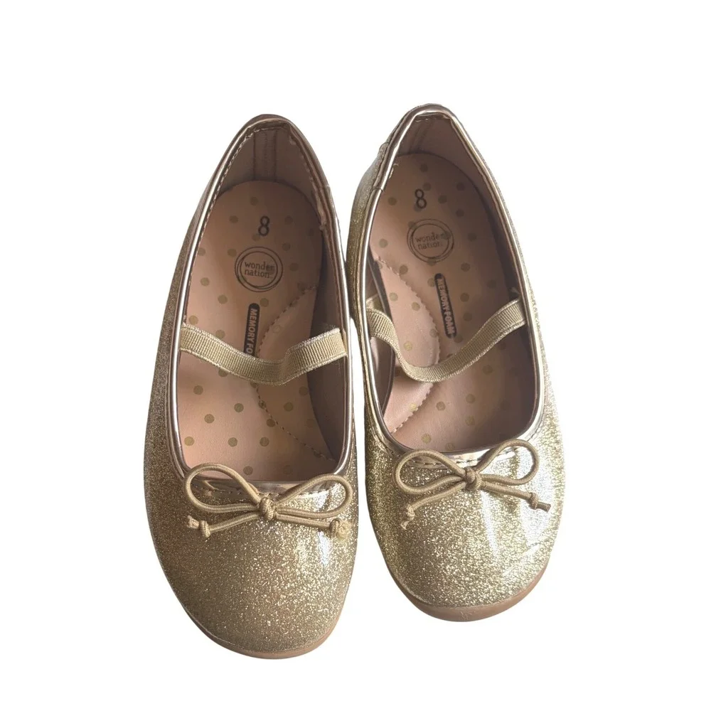 Wonder Nation Toddler Girls Gold Glitter Ballet Flats Memory Foam Shoes Size 8